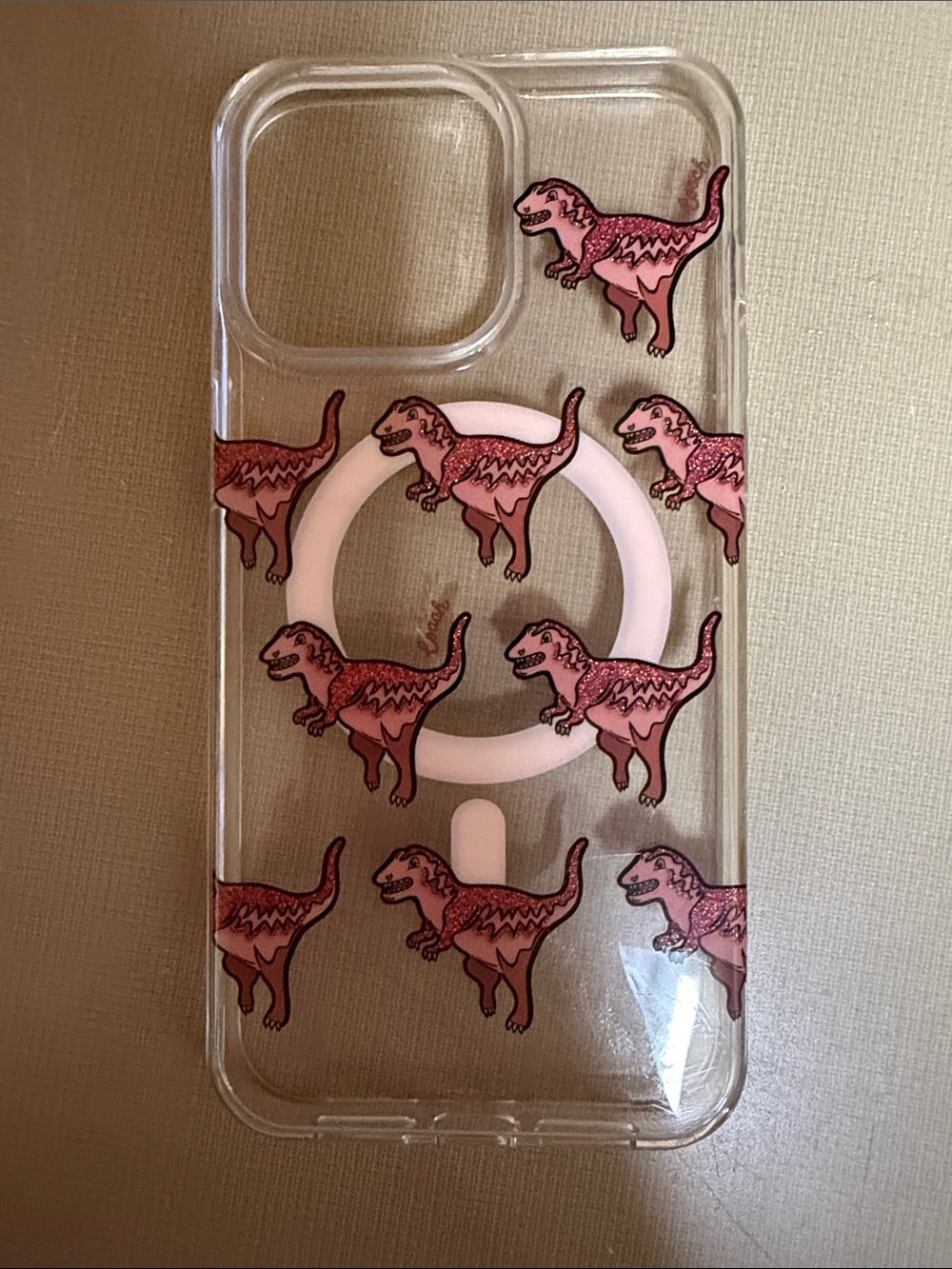 Coach Clear iPhone 16 pro max Case with Pink Dinosaur Print